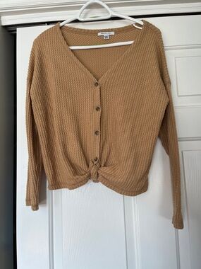 American Eagle Outfitters Tan Waffle-Knit Tie-Front Cardigan Shirt